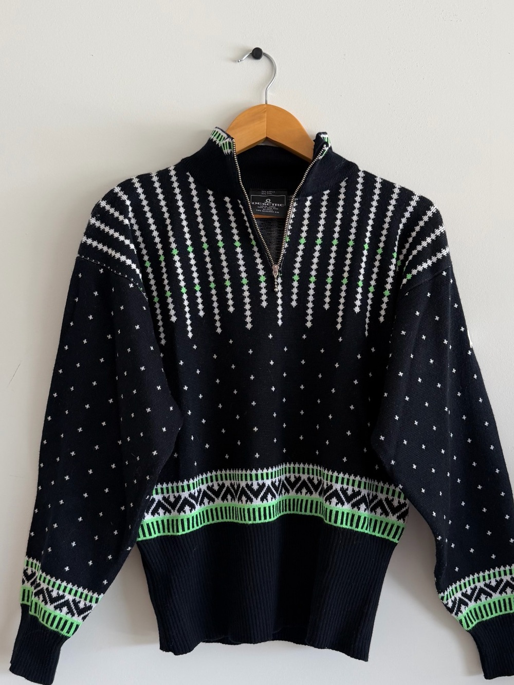 Men's Black and White Half-Zip Sweater with Green Accents